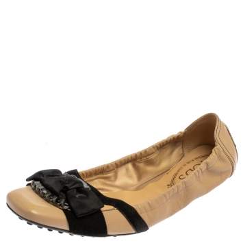 Pre Owned Tod's Beige/Black Leather Scrunch  Ballet Flats Size 39