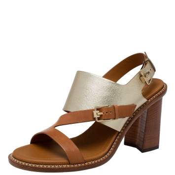 Pre Owned Tod's Brown/Metallic Leather Slingback Block Heel Sandals Size 37
