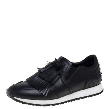 Pre Owned Tod's Black Leather Fringed Slip-On Sneakers Size 38