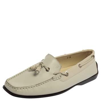 Pre Owned Tod's Off White Leather  Slip On  Loafers Size 40.5