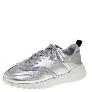 Pre Owned Tod's Metallic Silver Perforated Leather Tassel Fringe Low Top Sneakers Size 41