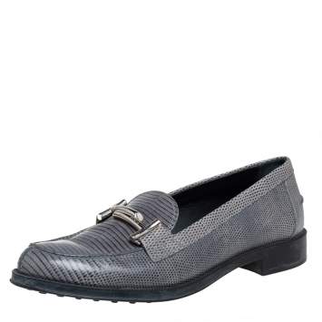 Pre Owned Tod's Grey Lizard Leather Slip On Loafers Size 38