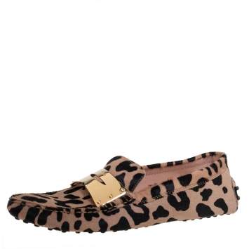 Pre Owned Tod's Beige/Black Leopard Print Calf Hair Penny Loafers Size 40