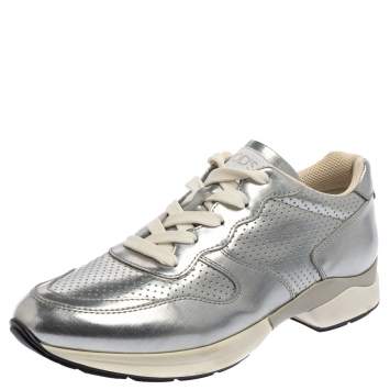 Pre Owned Tod's Silver Perforated Leather Sportivo Active Sneakers Size 38.5