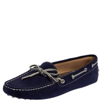 Pre Owned Tod's Blue Suede Bow Detail Slip On Loafers Size 41