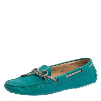 Pre Owned Tod's Blue Leather Bow Slip On Loafers  Size 38