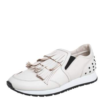 Pre Owned Tod's Off White Leather Sportivo Fringed Slip On Sneakers Size 39