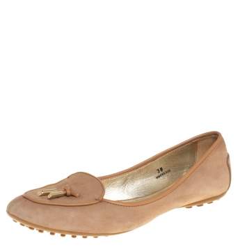 Pre Owned Tod's Beige Suede and Leather Bow Ballet Flats Size 38