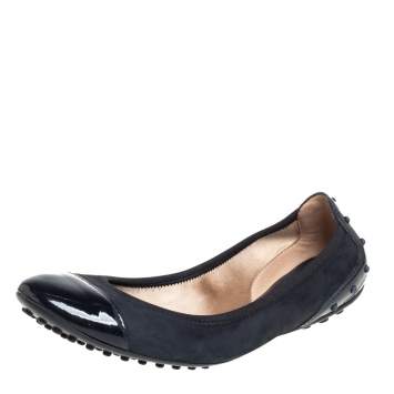 Pre Owned Tod's Blue Patent and Suede Cap Toe Ballet Flats Size 37.5