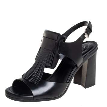 Pre Owned Tod's Black Leather Fringe Open Toe Ankle Strap Sandals Size 37