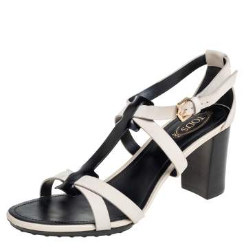 Pre Owned Tod's White/Black Patent And Leather T-Strap Sandals Size 36.5