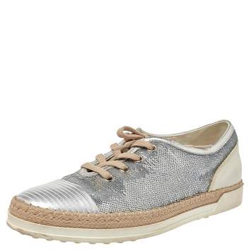 Pre Owned Tod's Metallic Silver Leather And Sequin Low Top Sneakers Size 37