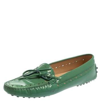 Pre Owned Tod's Green Patent Leather Bow Slip On Loafers Size 40