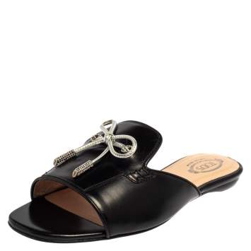 Pre Owned Tod's Limited Edition Black Leather Crystal  Embellished Bow Peep Toe Flat Slides Size 37