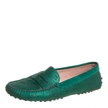 Pre Owned Tod's Green Glitter Penny Slip On Loafers Size 39.5