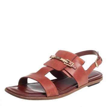 Pre Owned Tod's Brown Leather T-Strap Buckle Detail Flat Sandals Size 38.5