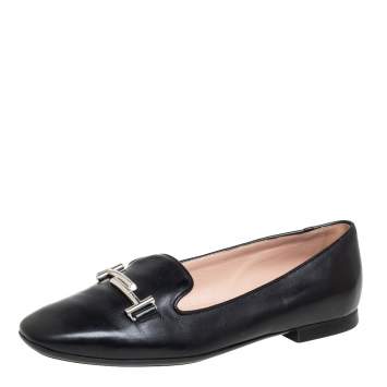 Pre Owned Tod's Black Leather Smoking Slipper Loafers Size 37