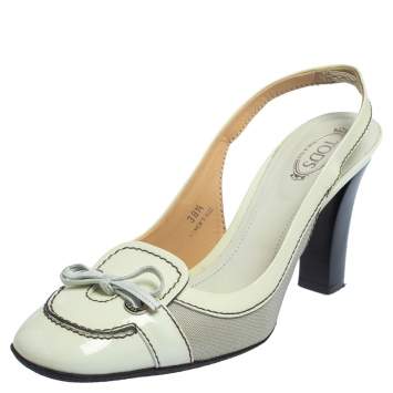 Pre Owned Tod's Cream/Grey Patent Leather And Fabric Bow Slingback Sandals Size 38.5 