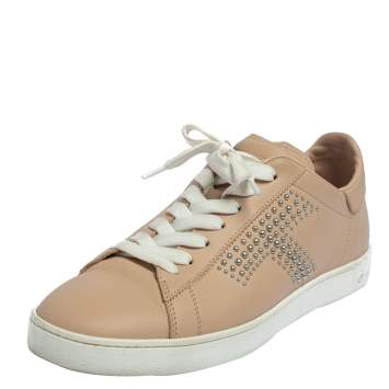 Pre Owned Tod's Beige Leather Studded Lace Up Sneakers Size 38