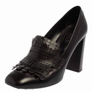 Pre Owned Tod's Black Leather Fringe Block Heel Penny Loafer Pumps Size 37.5
