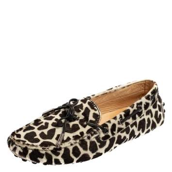 Pre Owned Tod's White/Brown Leopard Print Fur Loafers Size 36.5