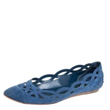 Pre Owned Tod's Blue Suede Laser Cut Out Ballet Flats Size 38