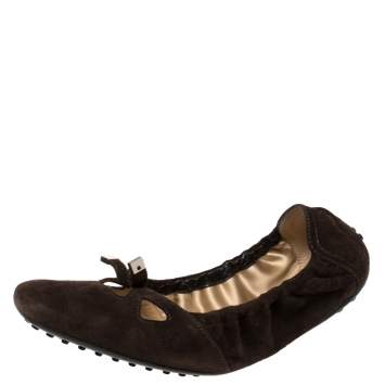 Pre Owned Tod's Brown Suede Bow Scrunch Ballet Flats Size 40.5