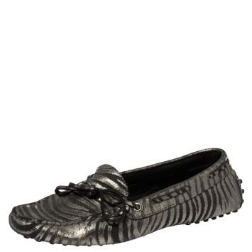 Pre Owned Tod's  Black/Grey Zebra Print Leather Gommini Driving Loafers Size 38