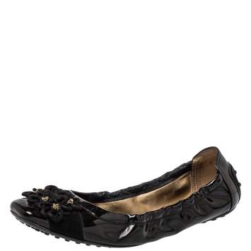 Pre Owned Tod's Black Patent Leather And Suede Flower Scrunch Ballet Flats Size 40