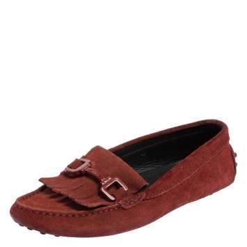 Pre Owned Tod's Burgundy Suede Tassel Slip On Loafers Size 35.5