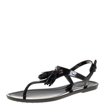 Pre Owned Tod's Black Jelly Tassel Detail Thong Flats Size 37