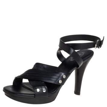Pre Owned Tod's Black Leather Crisscross Strap Sandals Size 40