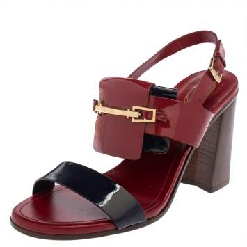 Pre Owned Tod's Maroon/Dark Blue Patent Leather Embellished Slingback Sandals Size 40