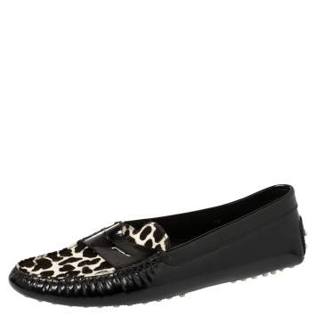 Pre Owned Tod's Black Patent Leather And Pony Hair Gommino Penny Loafers Size 39