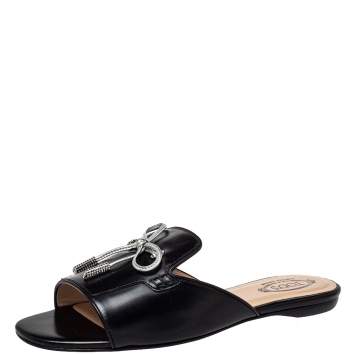 Pre Owned Tod's Black Leather Bow Slide Sandals Size 36.5