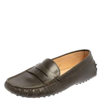 Pre Owned Tod's Olive Green Leather Penny Slip On Loafers Size 37