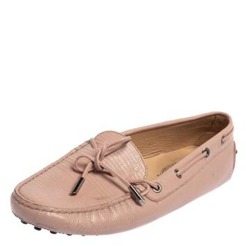 Pre Owned Tod's Pink Lizard Embossed Leather Slip On  Loafers Size 41