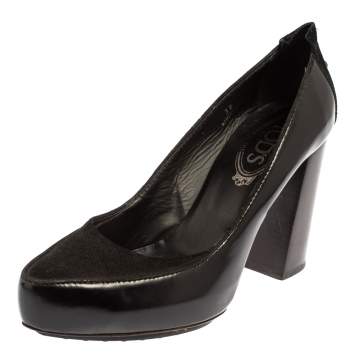 Pre Owned Tod's Black Suede And Leather Block Heel Loafer Pumps Size 38