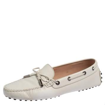 Pre Owned Tod's White Leather Bow Loafers Size 38