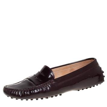 Pre Owned Tod's Burgundy Patent Leather Driving Penny Loafers Size 37.5 