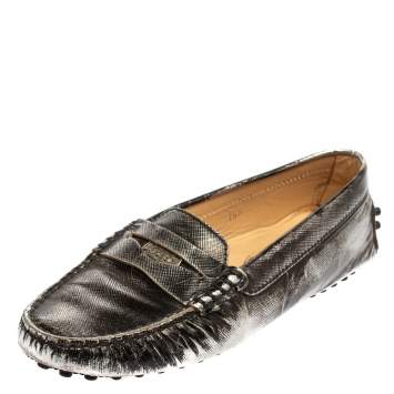 Pre Owned Tod's Silver/Black Leather Penny Loafers Size 35.5