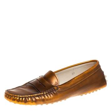 Pre Owned Tod's Metallic Brown Leather Slip on Loafers Size 37