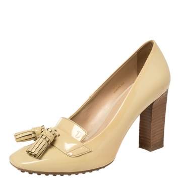 Pre Owned Tod's Beige Patent Leather Tassel Loafer Pumps Size 36.5