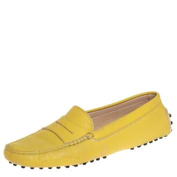 Pre Owned Tod's Yellow Leather Penny Slip On Loafers Size 37.5