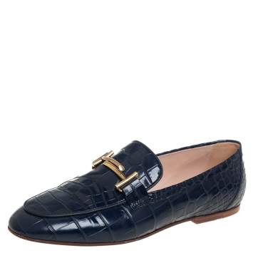Pre Owned Tod's Blue Crocodile Embossed Double T Slip On Loafers Size 40