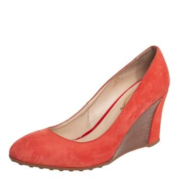 Pre Owned Tod's Orange Suede Wedge Pumps Size 38.5