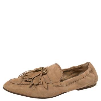Pre Owned Tod's Beige Suede Tassel Loafers Size 39