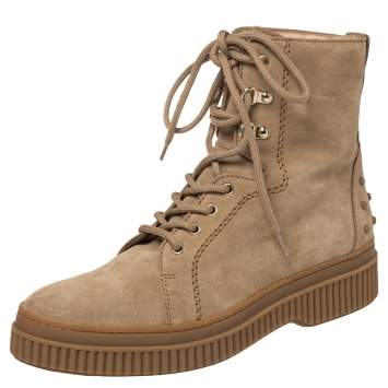 Pre Owned Tod's Beige Suede Lace Up Mid Calf Boots Size 41