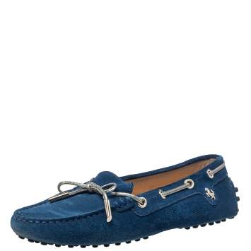 Pre Owned Tod's for Ferrari Blue Suede Gommino Bow Slip On Loafers Size 36