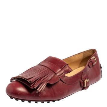 Pre Owned Tod's Burgundy Leather Fringed Loafers Size 37.5